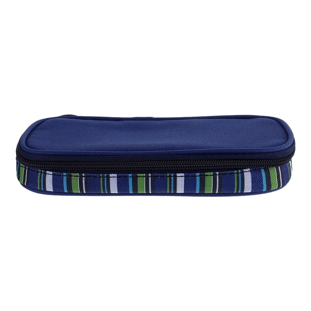bolsa de insulina aislante, bolsa térmica portátil para insulina, bolsa para medicamentos para diabéticos, estuche de viaje para insulina azul marino. Vista frontal centrada de perfil bajo; estuche rectangular y compacto con tapa lisa, cremallera negra y borde lateral a rayas azules, verdes y blancas; interior aislante (poliéster y papel de aluminio según especificaciones). Ideal para llevar inyecciones y otros medicamentos en bolso o maleta durante viajes.