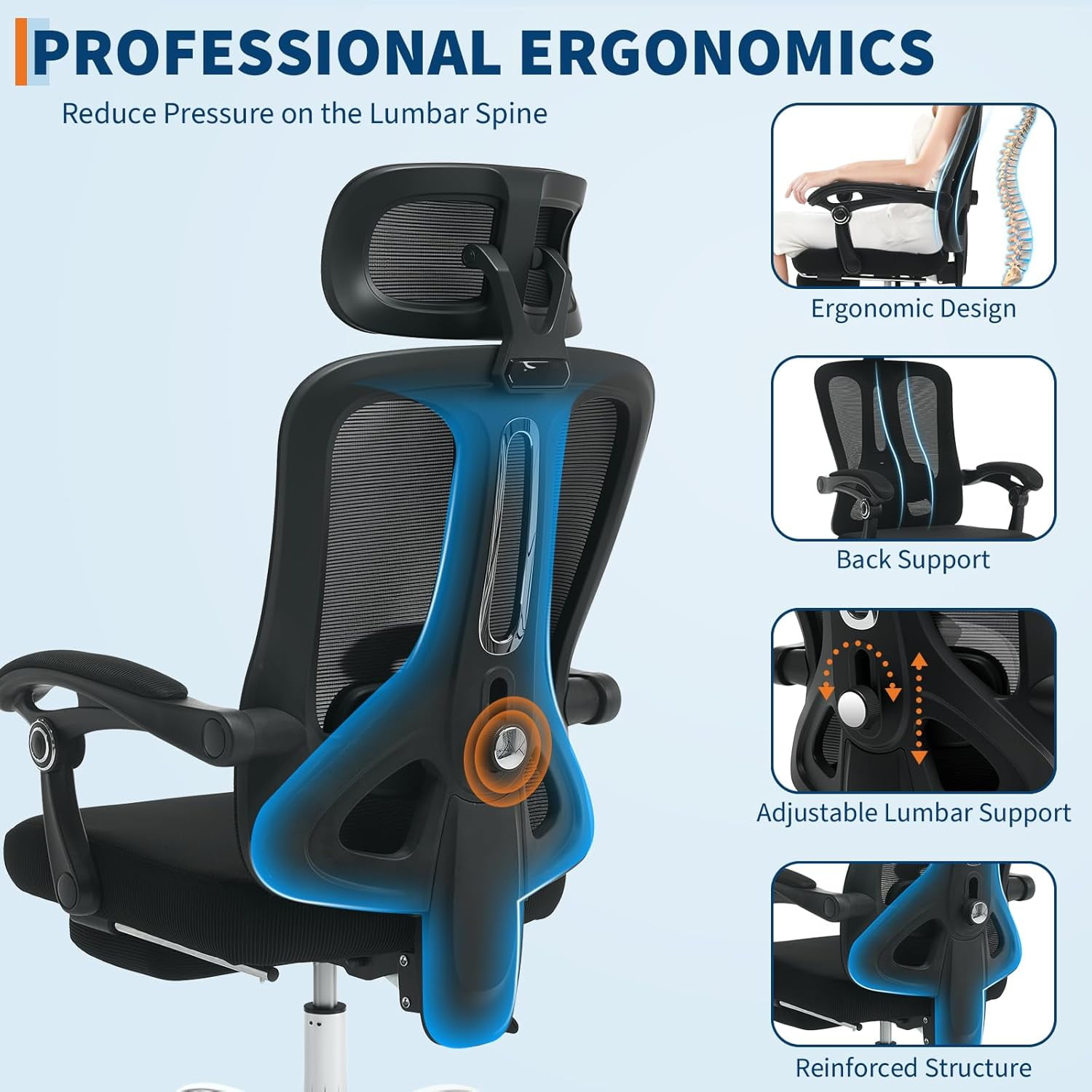 Ergonomic Mesh Office Chair with Retractable Footrest Executive High Back Computer Desk Chair with Adjustable Headrest & Lumbar Support for Home Office or Bedroom