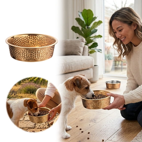 Gold Stainless Steel Dog Bowls, Hammered Thickened Metal Dog Bowl Feeding or Water Bowls for Small/Meidum/Large Sized Dogs&Cats Stackable Metal Cat Bowl Dishwasher Safe 5.7 Dia.