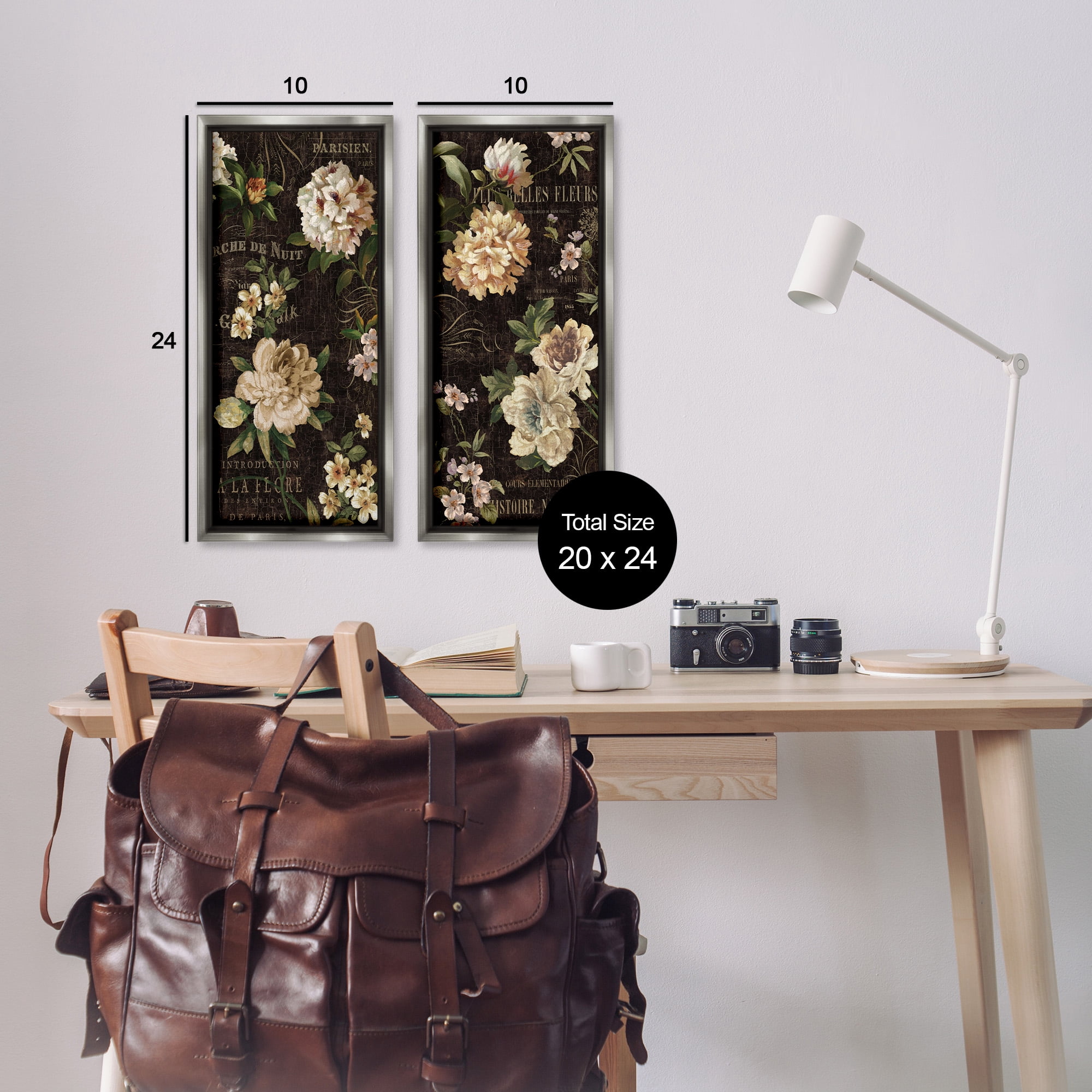 Stupell Industries Vintage French Typography Flowers Botanical & Floral Painting Gray Floater Framed Canvas Art Print Wall Art, 11 x 25, Set of 2