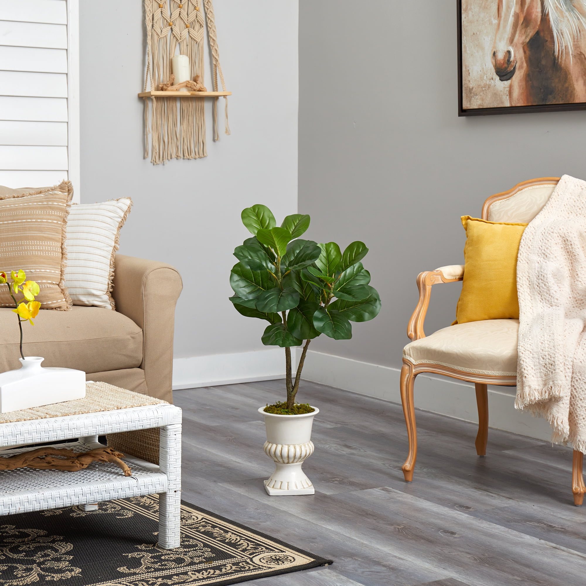 Nearly Natural 3ft. Fiddle Leaf Fig Artificial Tree in White Urn