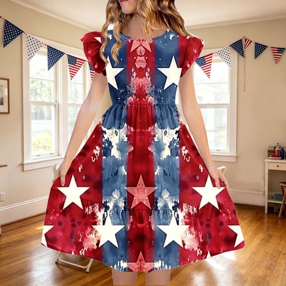 Amidoa Girls Summer Dresses Short Sleeve A-Line 4th of July Tiered Dresses Casual Floral Print Kids Sundress Multicolor Size 12