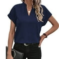 thumbnail image 5 of JGGSPWM Women's Summer V-Neck Short Sleeve Loose Flowy Tunic Dressy Casual Blouse Tops Solid Color Shirts Navy 2XL, 5 of 9
