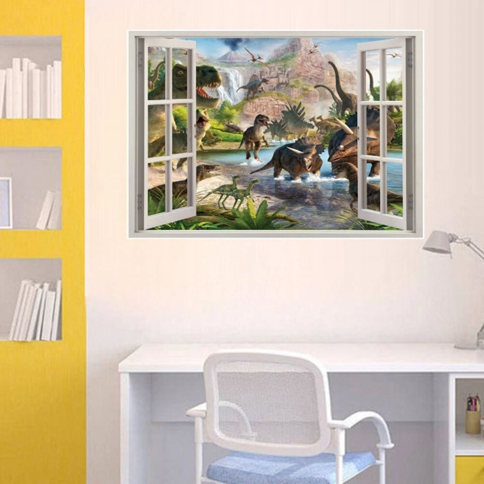Fake Window Self-Adhesive Dinosaur Wall Stickers Children'S Bedroom Decoration