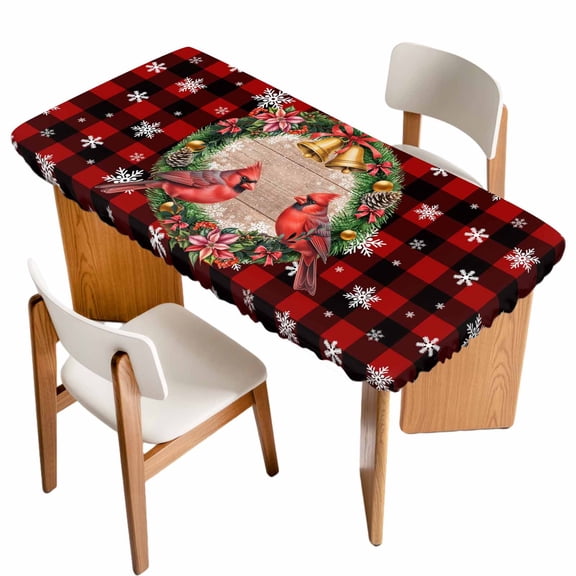 Red Plaid Christmas Table Cloths for 6 Foot Rectangle Tables, Xmas Snowflake Birds Botanical Patio Waterproof Elastic Fitted Tablecloths, Washable Rectangular Table Cover for Camping