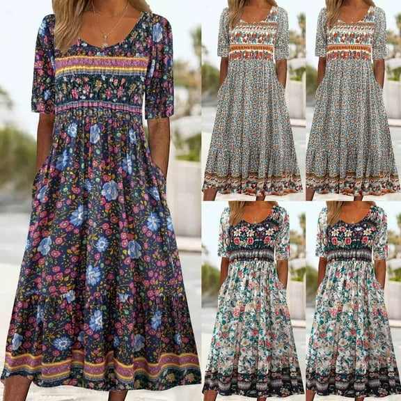 ZZwxWA Women's Boho Summer Crewneck Floral Print Midi Tshirt Dress Casual Loose Short Sleeve Beach Dresses with Pockets Cocktail Party