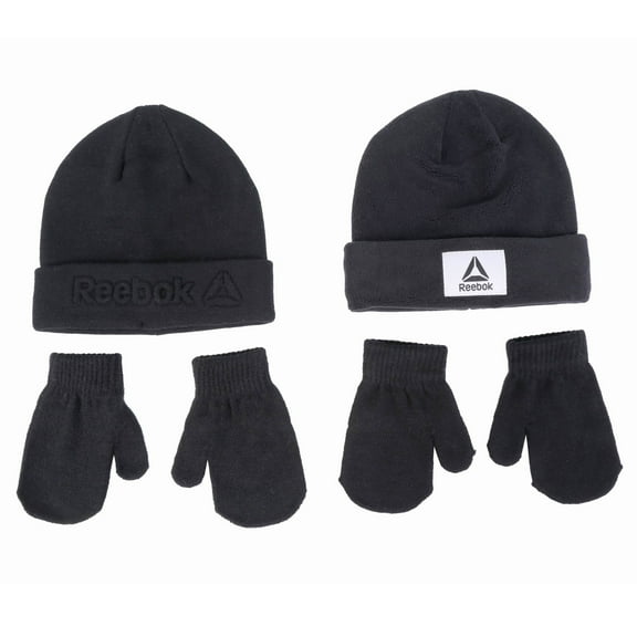 Reebok 4-Piece Toddler Winter Hats and Mittens Set - 1 Knit Hat, 1 Fleece Hat & 2 Pairs of Gripped Mittens - Black, 2T-4T