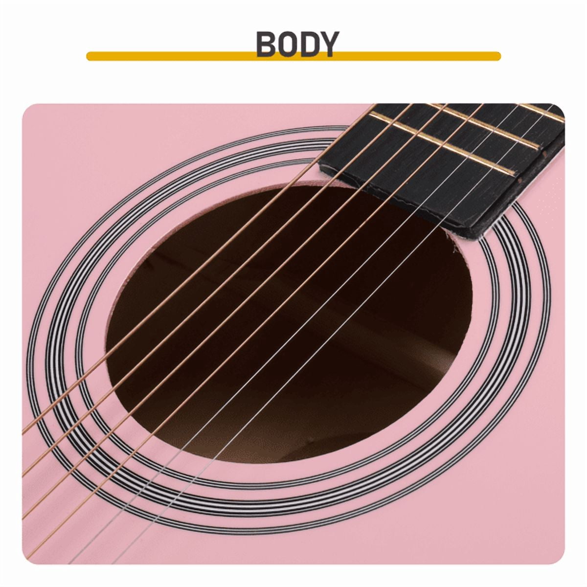 Pink 41-inch Dreadnought barrel-shaped cutaway acoustic guitar with pick, strings, capo, gig bag, tuner, wrench tool, and shoulder strap