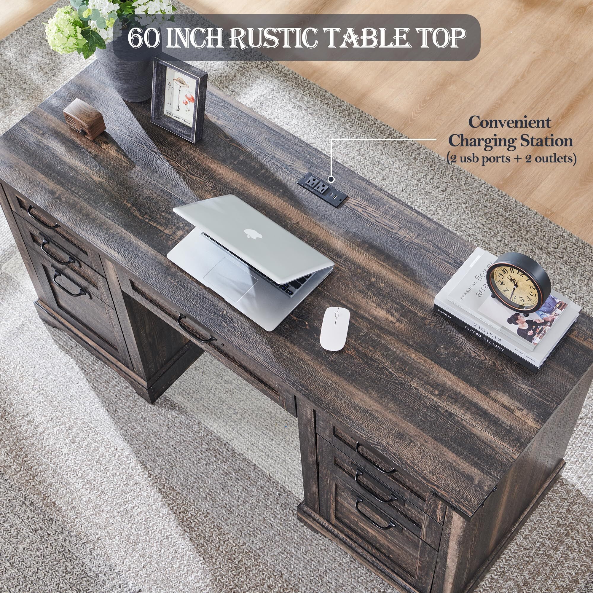 OKD Farmhouse Executive Desk, Rustic Office Desk with Charging Station and Keyboard Tray,Home Workstations with File Drawer, Storage Cabinet,Wood Computer Writing Desk, Dark Rustic Oak