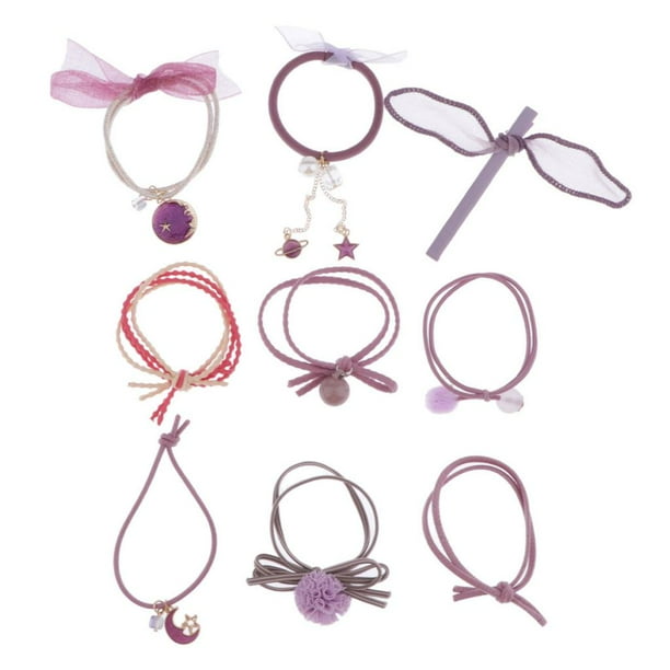 9 piezas de cuerda elástica para el cabello, banda para el cabello, soporte de caballo, banda de goma, traje púrpura jinwen Banda de goma elástica