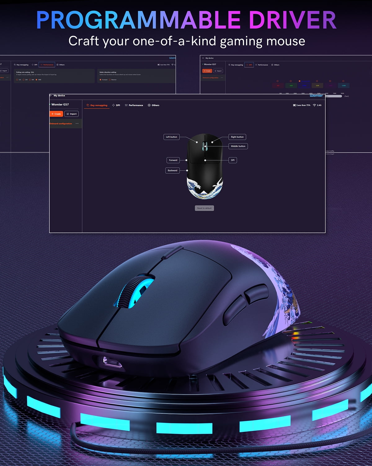 G57 Wireless Gaming Mouse, 8000 DPI, 80g, 2.4G/Bluetooth/USB-C Rechargeable Wireless Mouse with 5 Programmable Buttons for PC/Mac, Black