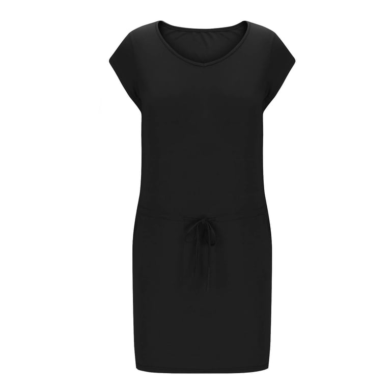 qucoqpe Womens Summer T-shirt Dress V Neck Short Sleeve Elastic Waist Mini  Dress Casual Loose Solid Color Sun Dress with Pockets - Walmart.com