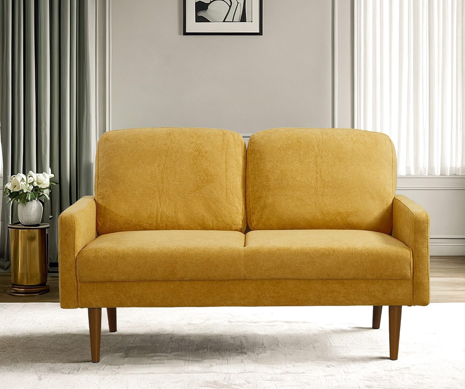 US Pride Furniture Angles 56 in. Wide Square Arm Velvet Modern Rectangle Loveseat in Musterd Yellow