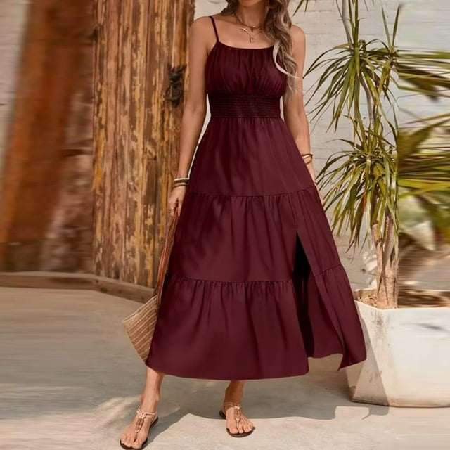 Women's Boho Maxi Dress, Summer Spaghetti Strap Wedding Guest Dresses Vacation Ruched Ruffle Flowy Sundress Wine XL