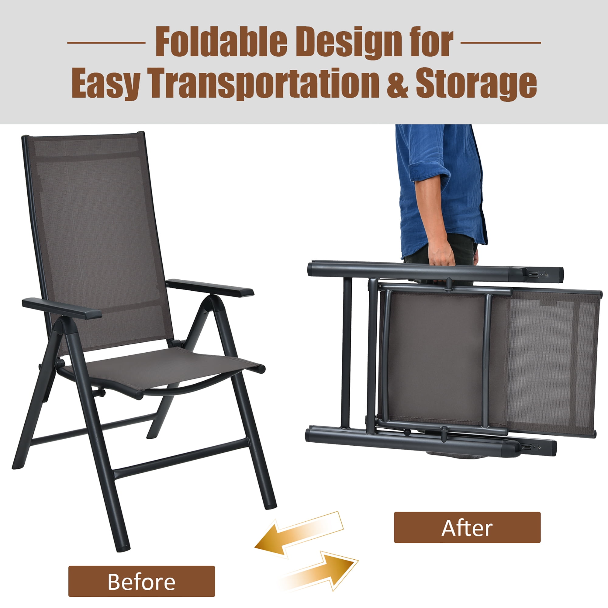 Costway 4PCS Patio Folding Dining Chairs Aluminium Adjustable Back Gray