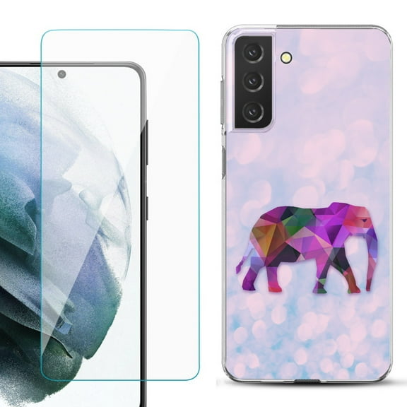 Slim-Fit TPU Fashion Phone Case for Samsung Galaxy S21 FE 5G Fan Edition, with Tempered Glass Screen Protector, by OneToughShield ® - Elephant /Polygon