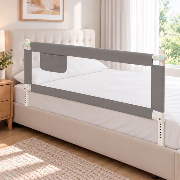 L-Shaped Toddler Bed Rail, 59in Extra Large Safety Fence, Universal Fit for Most Mattresses, Tool-Free Easy Installation, Gray