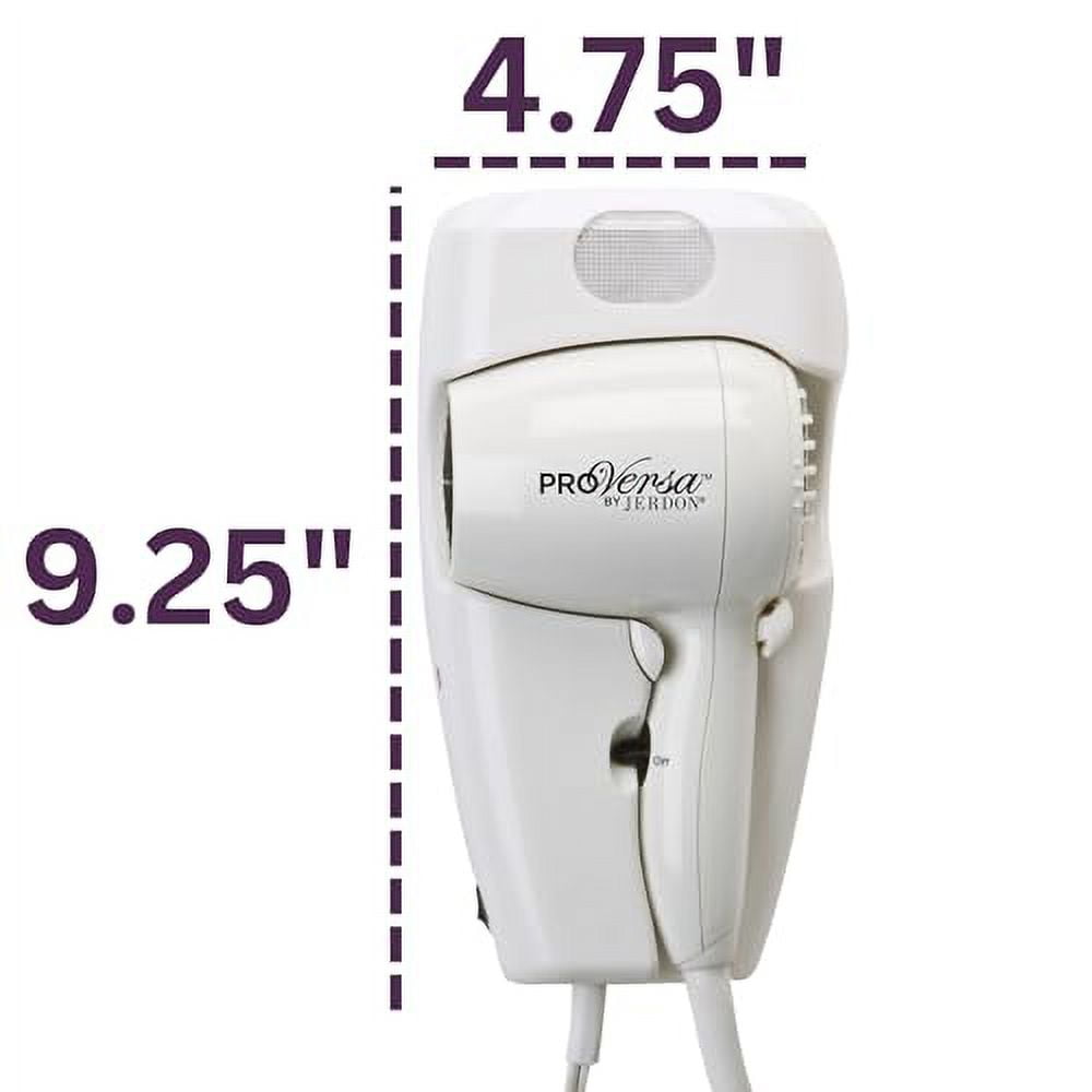 Jerdon 1600W Wall Mount Hair Dryer, 2 Speeds, 2 Heat Settings, LED Night Light, White, Plug in-Model JWM8C