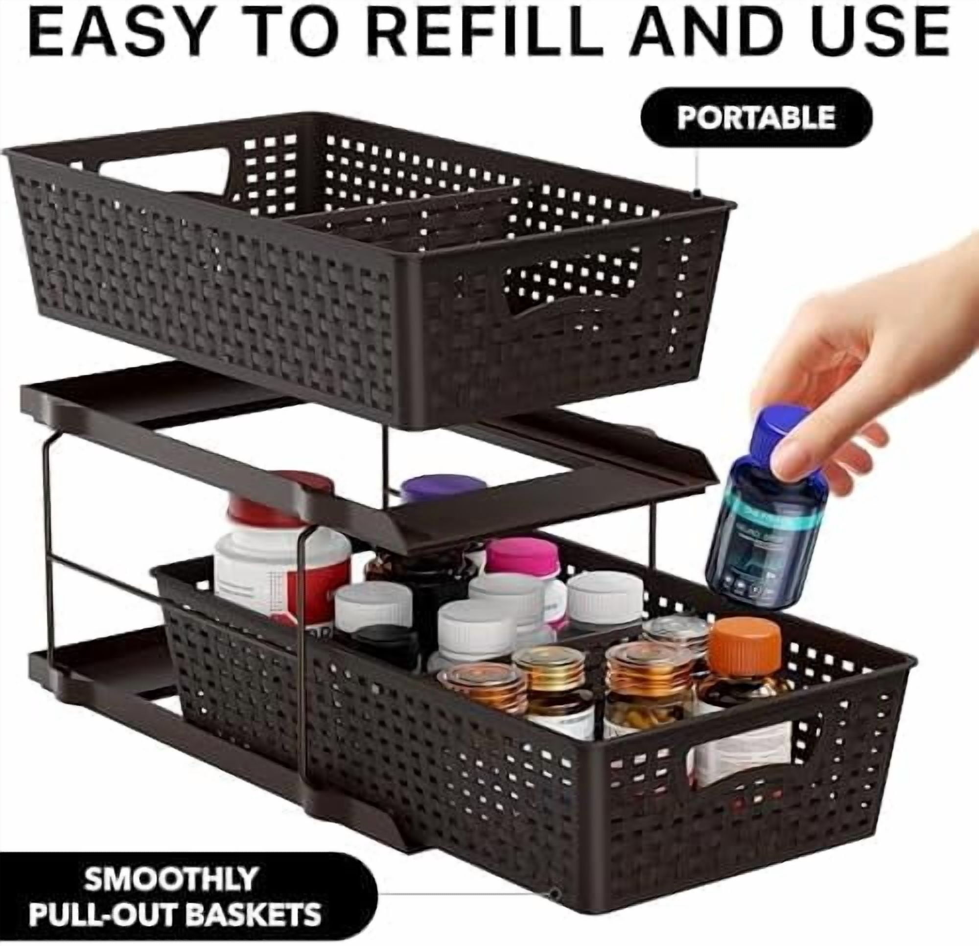 2 Tier Bathroom Organizer Tray Pull-Out Sliding Drawer, Under Sink Storage, Brown