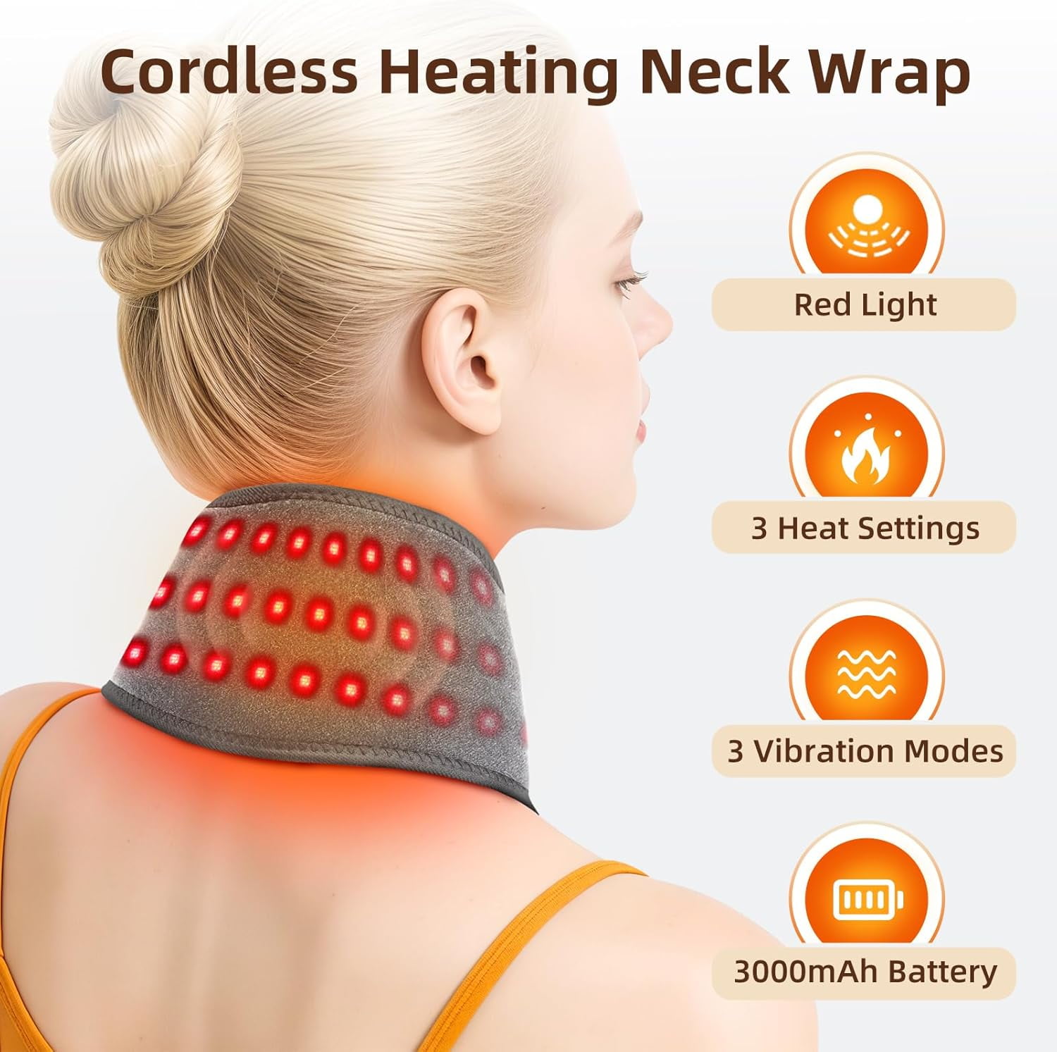 Neck Heating Pad with Massage, Heating Neck Wrap with Led Light, Electric Nape Heating Pad with 3 Heat & 3 Vibration Modes, 3000mAh Rechargeable, Cordless Heated Wrap for Calf Arm Wrist, Gray