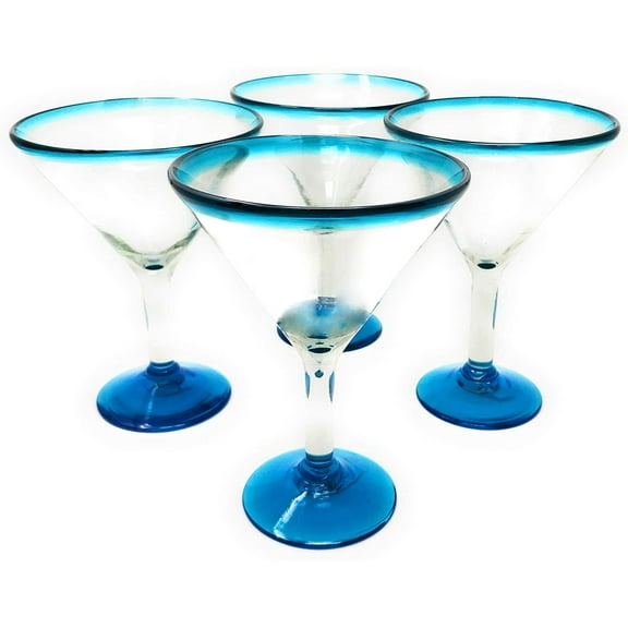 Mexican Hand Blown Modern Margarita Glasses – Set of 4 Aqua Rim Margarita Glasses 12 oz