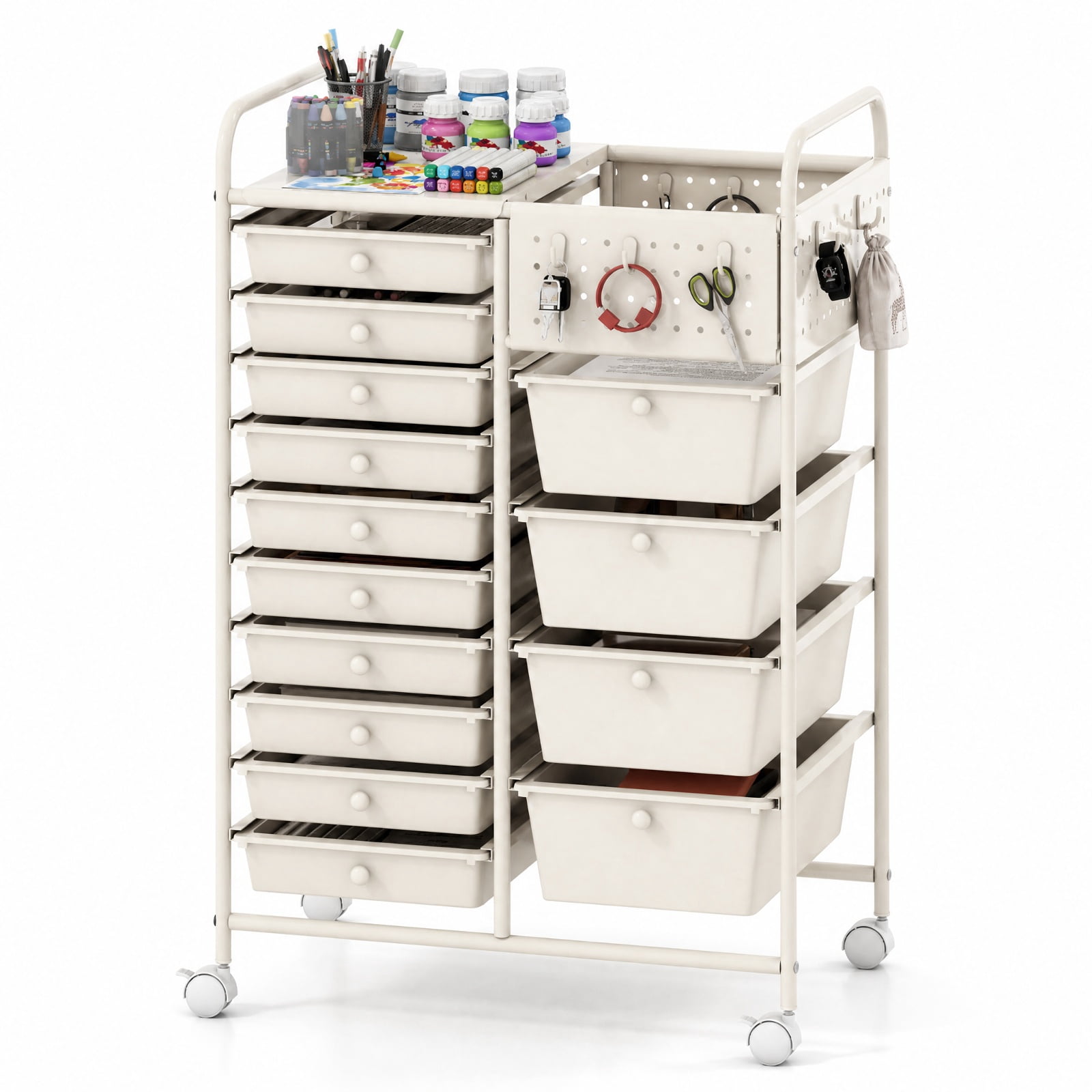 Furnibear 14 Drawer Rolling Storage Cart with Metal Tabletop Pegboard and Locking Wheels for Kitchen Office and Classroom Organizing, White