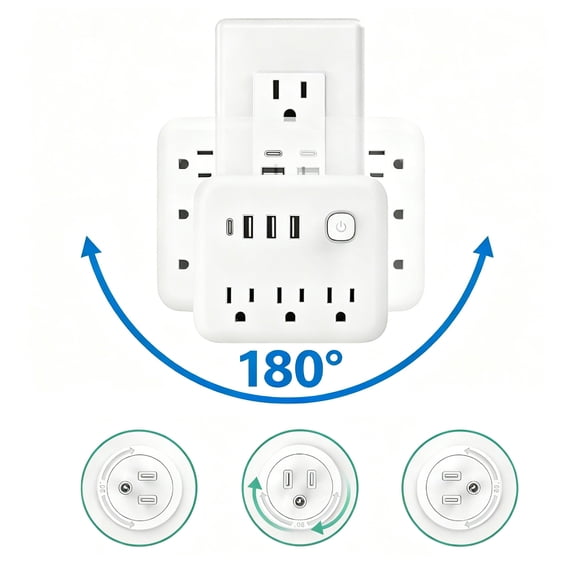 Power Strip with 3 AC Outlets, 3 USB-A & 1 USB-C Ports, 15A/1875W, 180ยฐ Rotating Flat Plug, Wall Mountable Surge Protector with Overload Protection,Multi Outlet Charging Station for Home, Office,Dorm