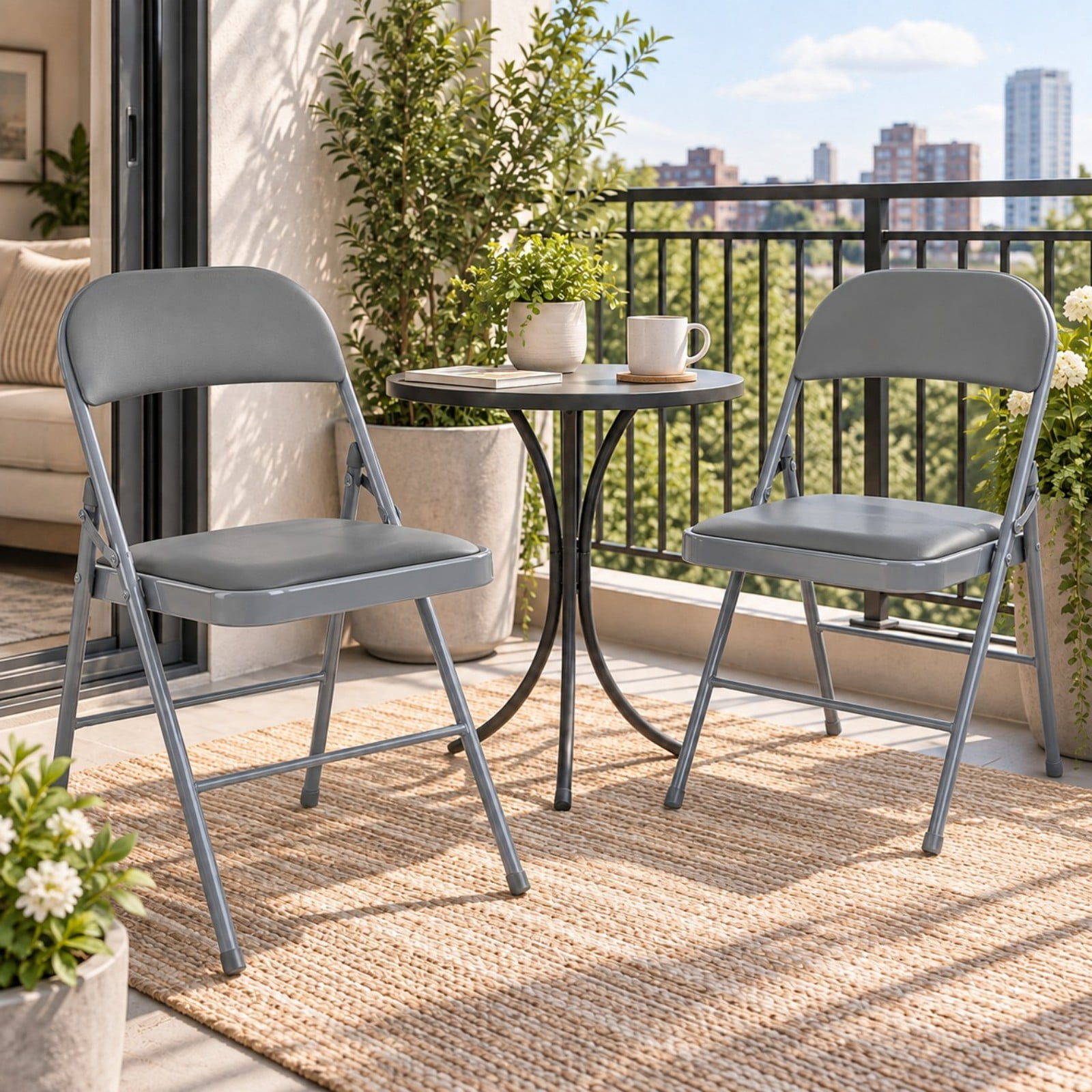 Telyra 2 Pack Folding Chairs Leather Padded Seat and Backrest Foldable Metal Chairs for Indoor Outdoor Use,Grey
