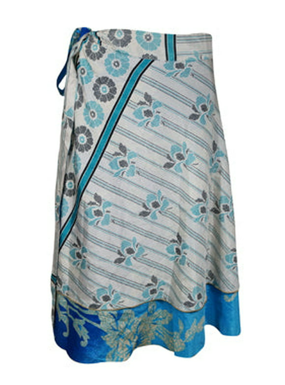 Mogul Womens Wrap Skirt, Short Blue White Floral Skirt One Size
