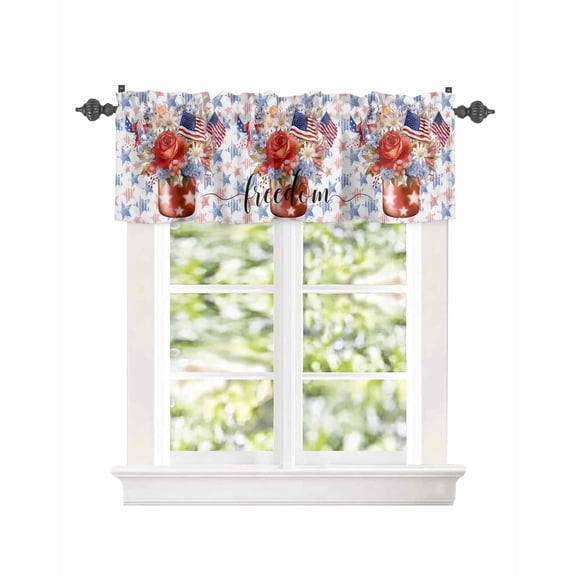 Independence Day USA Flag Flower Window Valances for Kitchen,Rod Pocket Valance Privacy Small Curtain,Patriotic Star Freedom Concept Window Treatment Drapes for Bedroom Laundry Room Farmhouse 54x18in