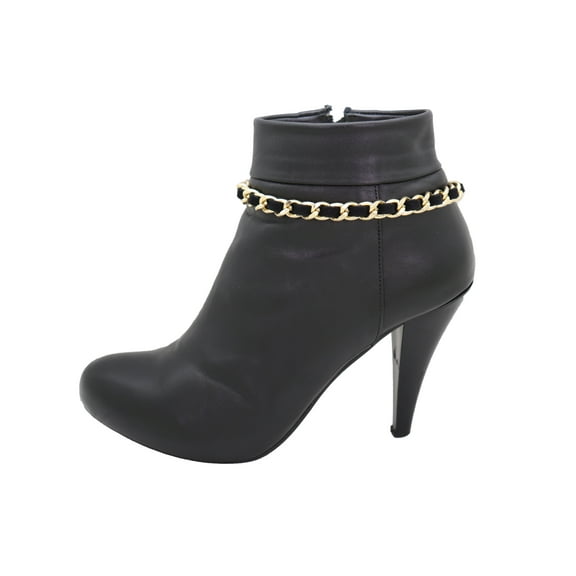 Women Gold Metal Boot Chain Links Black Fabric Strap Bracelet Shoe