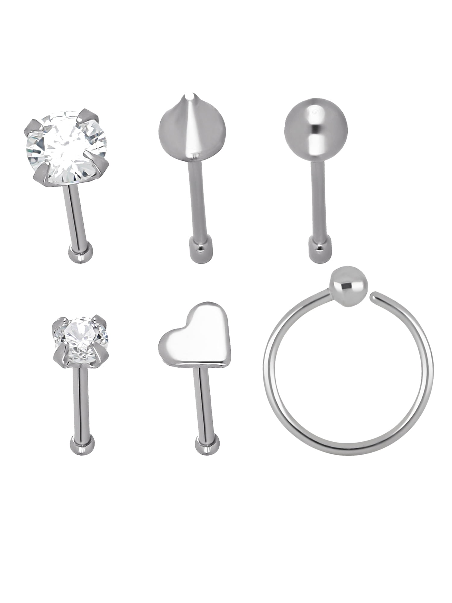 Adult Women's 22-Gauge Stainless Steel & Crystal Multi Shape Nose Piercing Jewelry 6 Pack
