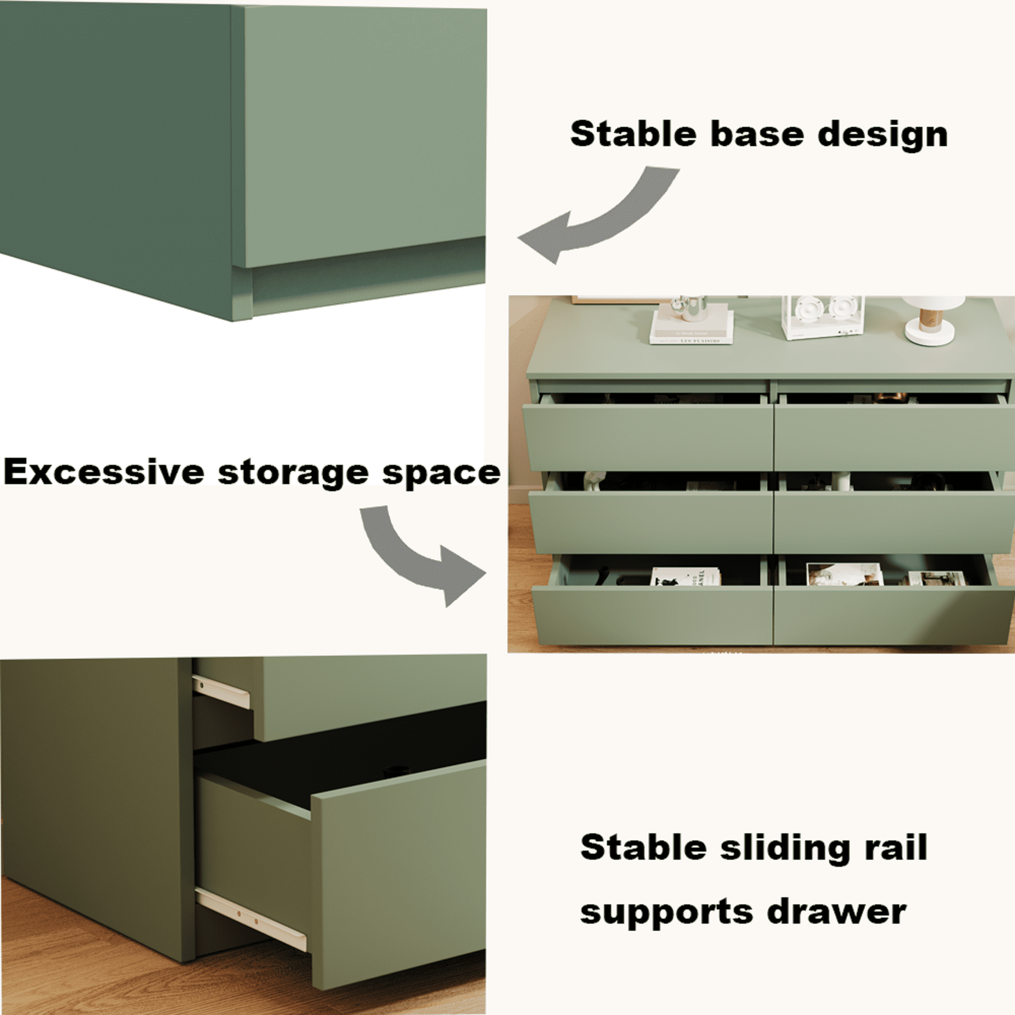 Lunale 6 Drawer Wide Dressers Chest for Bedroom, Storage Drawer Organizer with Modern Minimalist Design, Green