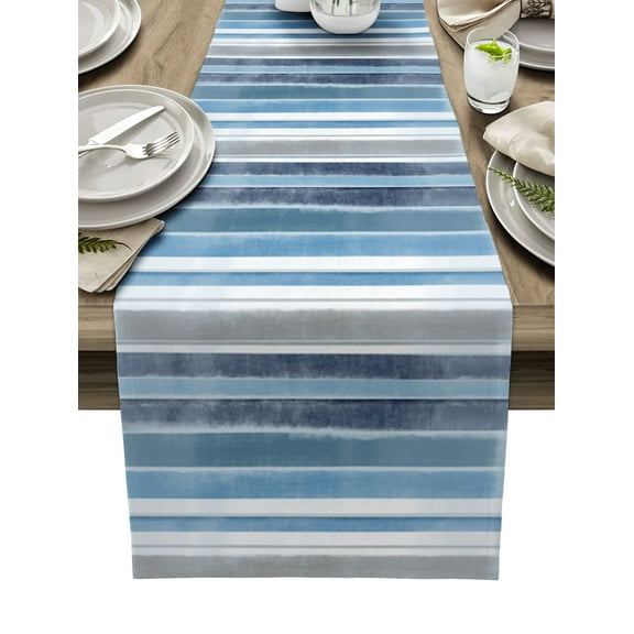 Table Runner Dresser Scarves 90 Inch Long, Retro Nothern Europe Stripe Linen Dining Table Runners Vintage Blue White Tabletop Scarf for Wedding Holiday Party Kitchen