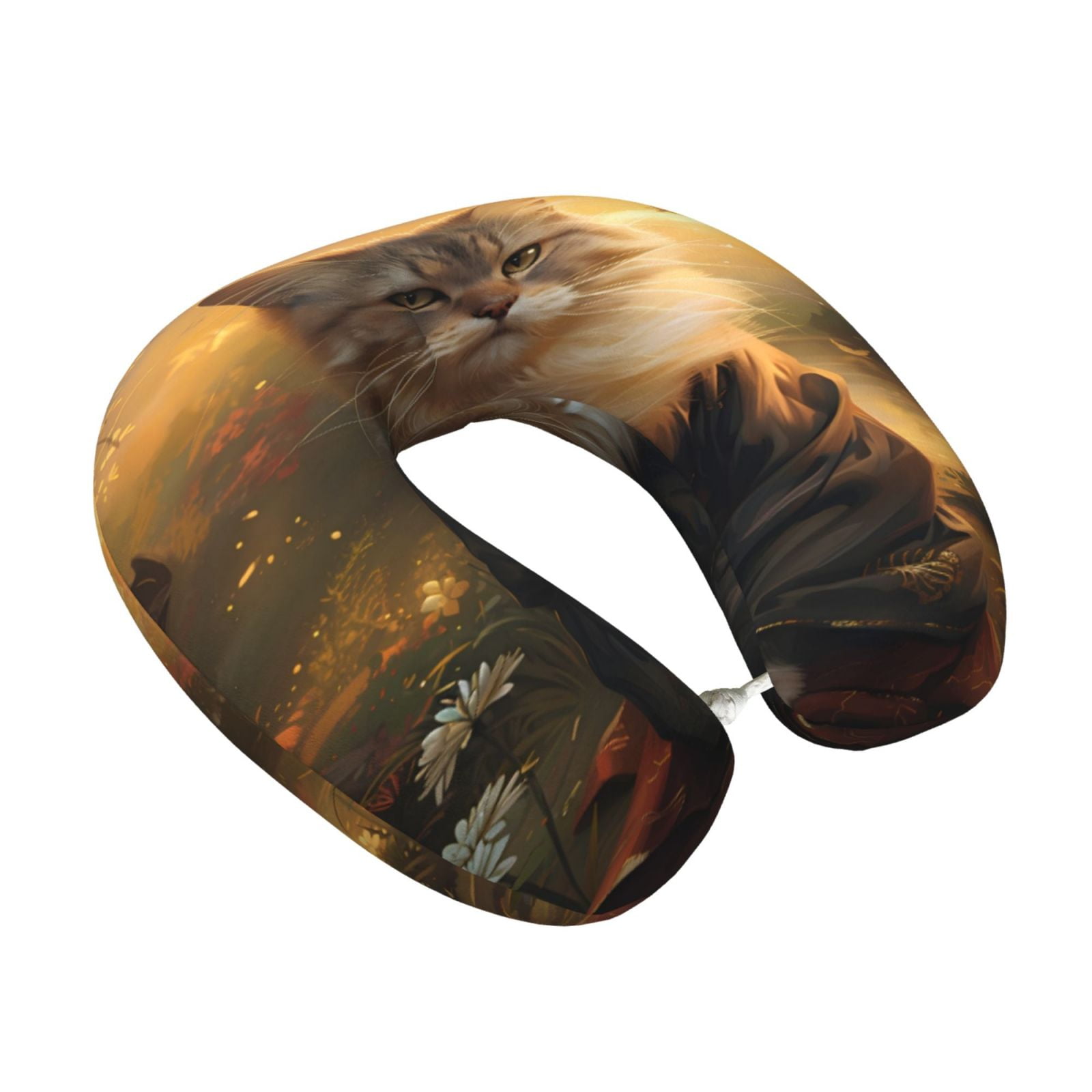 Xecao Lakeside Flower Field Cat Print Memory Foam Cervical Neck Pillow Versatile U-Shaped Pillows for Home,Office,Camping,Travelling,Soft Washable Cover