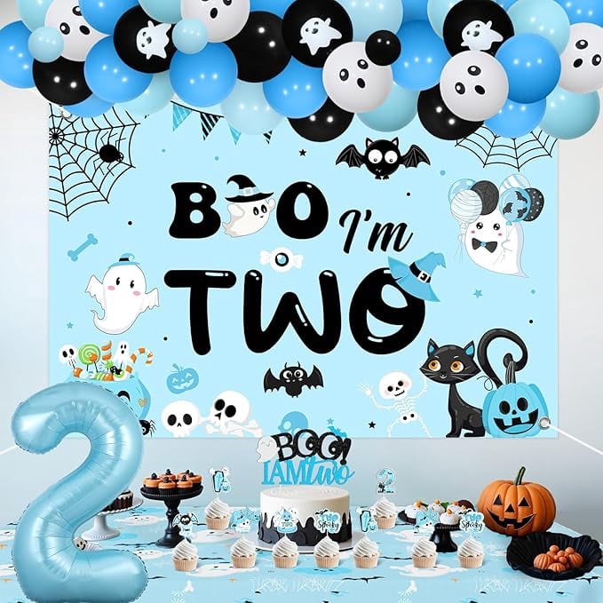 Boo I’m Two Birthday Decoration Boy Halloween Theme Backdrop Cake Cupcake Topper Table Cloth Blue Black Foil Balloon Garland Arch Kit for Two Spooky 2 Years Old Birthday Decoration