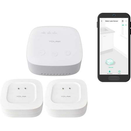 YoLink SpeakerHub & Two Water Leak Sensors Smart Home Starter Kit – Audio Hub Plays Tones/Sounds Spoken Messages LoRa-Powered ¼ Mile Range Compatible with Alexa Google IFTTT WiFi Required