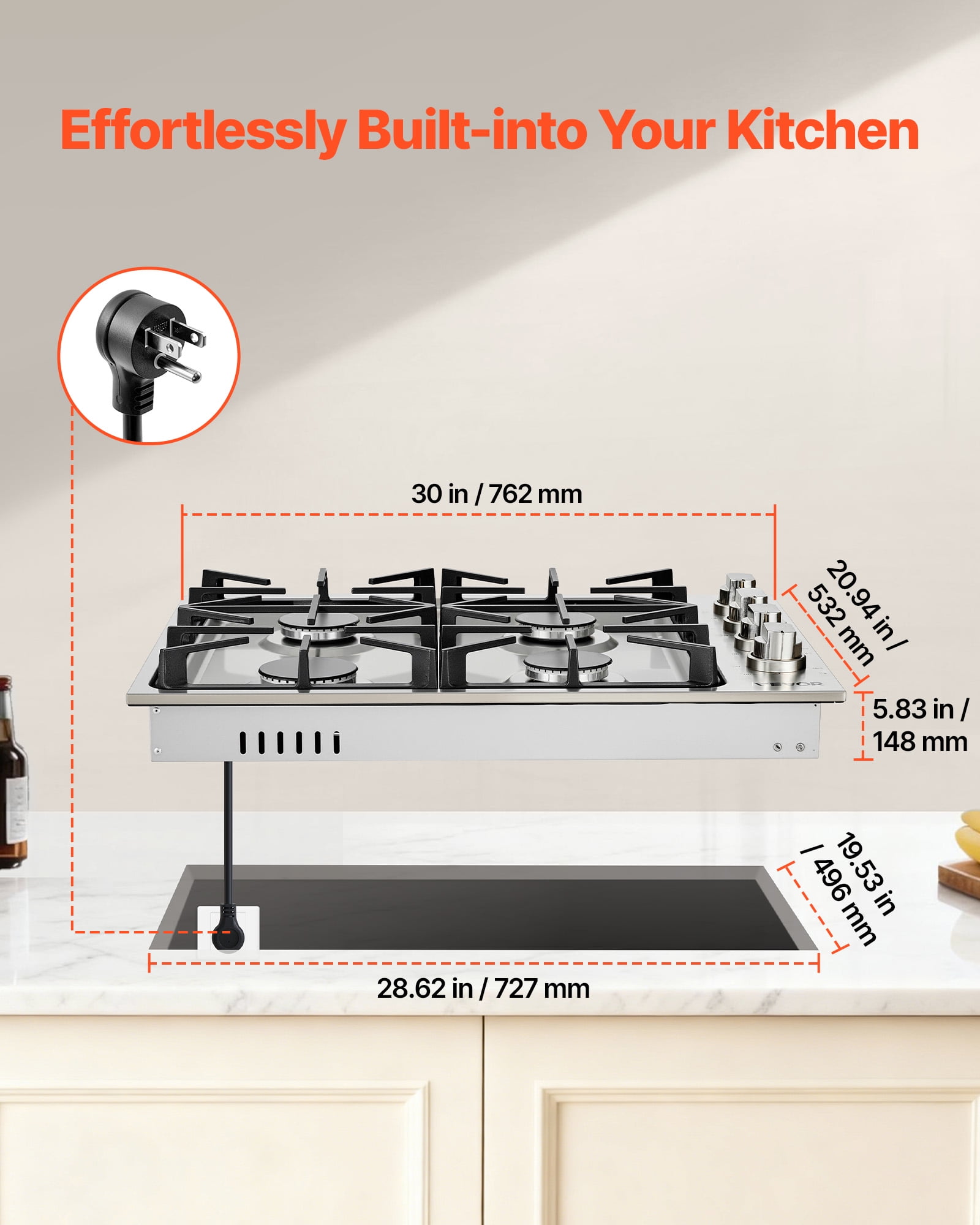 VEVOR Gas Cooktop, 30 inch 4 Burners Gas Stove Top, Max 48000BTU Built-in Stainless Steel Stove Top LPG/NG Convertible Dual Fuel Cooktop Stoves with Sealed Burner for Sear, Stew, Boil, Stir-Fry
