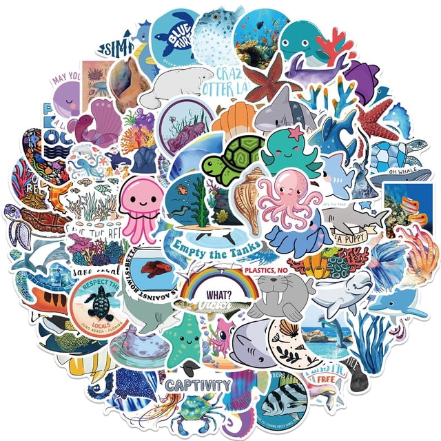 Set de pegatinas Ocean Animal, 100 unidades, impermeables para adolescentes y niños