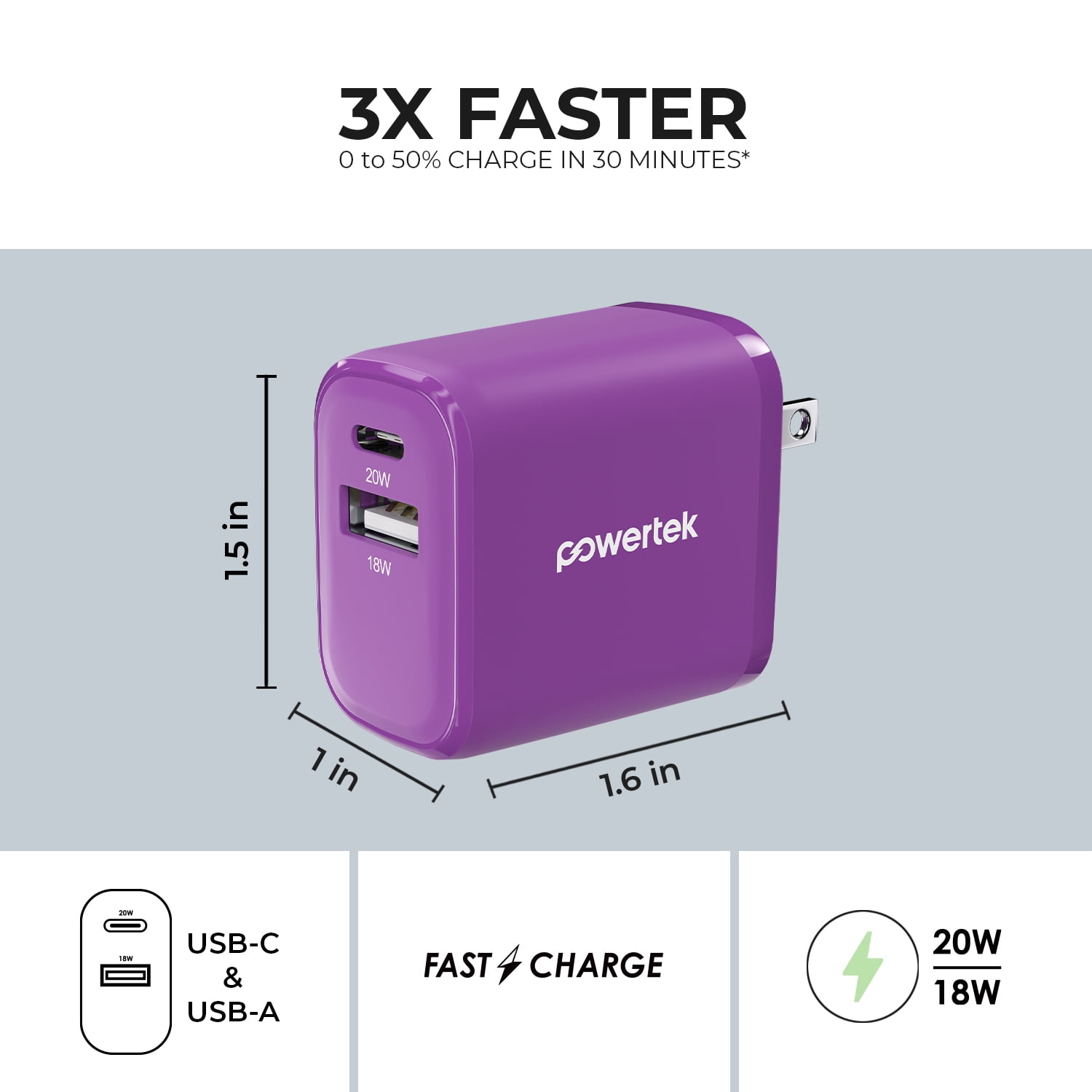 Liquipel Powertek Two Tone 20W Combo Wall Charger - Purple
