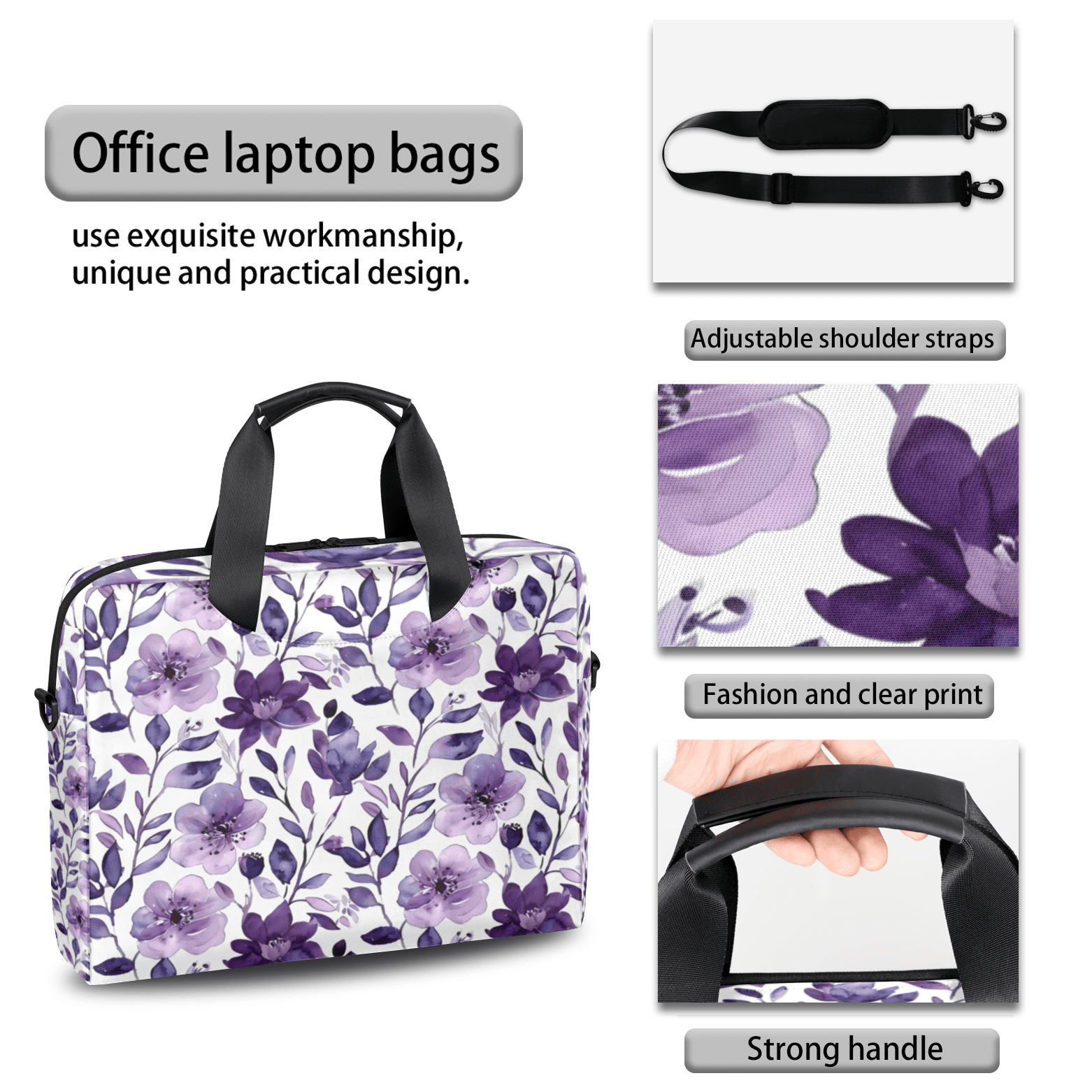 Herdesigns Flower Purple Laptop Bag for Women Men, Computer Case Briefcase Messenger Bags, 15-15.6 inch Laptop Sleeve Shoulder Bag