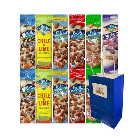 Variety Pack Blue Diamond Almonds 12 Count – 6 Flavors – Whole Natural, Lightly Salted, Chile 'n Lime, Smokehouse, Salt 'n Vinegar, Blueberry – 1.5 oz Packs with Blue Paper Gift Bag