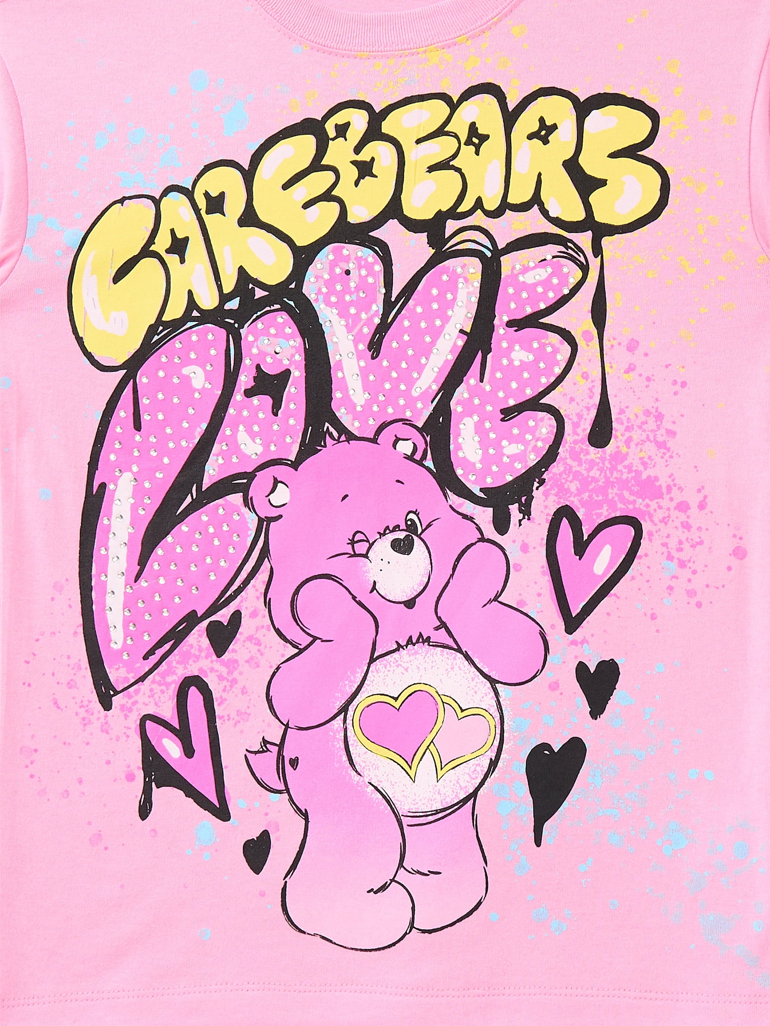 Care Bears Girls Rhinestones Graffiti Graphic Boyfriend Tee with Rhinestones and Bike Shorts Set, 2-Piece, Sizes 4-16