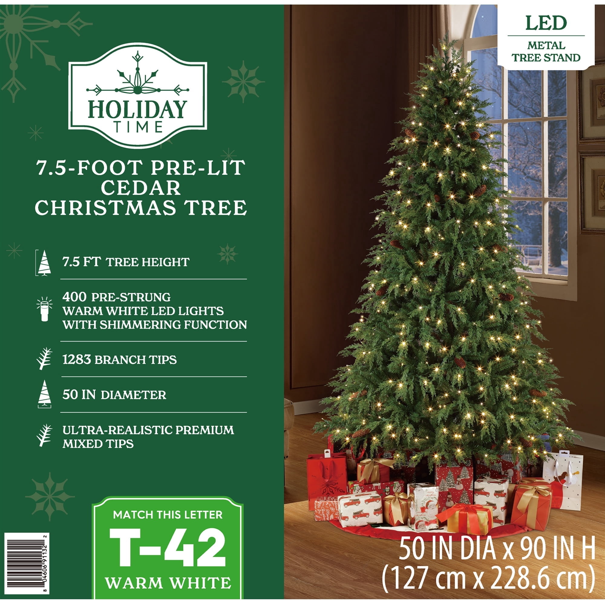 7.5' Pre-Lit Cedar Green Artificial Christmas Tree with 400 Warm White Twinkle LED Lights and Stand, by Holiday Time