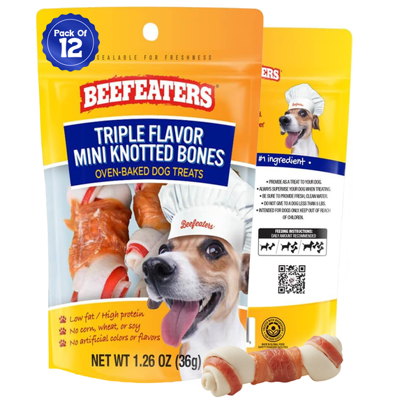 Beefeaters Triple Flavor Mini Knotted Bones Treats 1.26oz (Pack of 12) – High Protein Dog Chew Bones, Real Chicken Recipe, No Artificial Additives, Ideal for Training, Small Bones for Puppies & Dogs