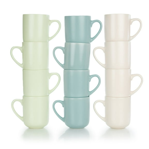 Everything Kitchens Modern Flat 12-Piece Mug Set | Dusty Blue, Beige & Soft Pink