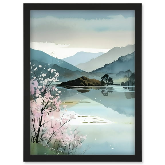 Lakeside Landscape with Cherry Blossom Tree Modern Watercolour Painting Artwork Framed Wall Art Print A4