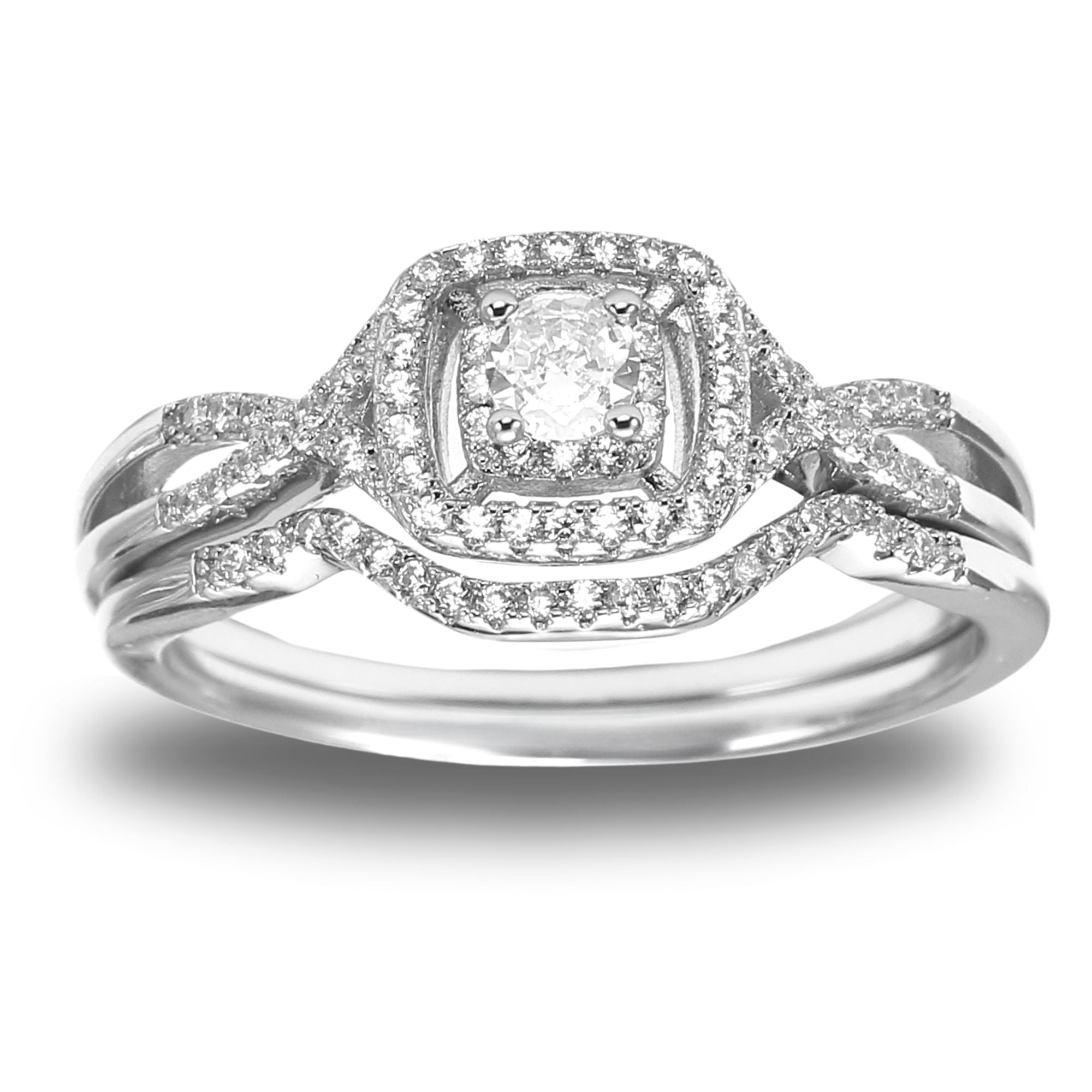 Wedding Ring Set for Women Halo CZ Sterling Silver Engagement Ring and Matching Band Ginger Lyne Collection