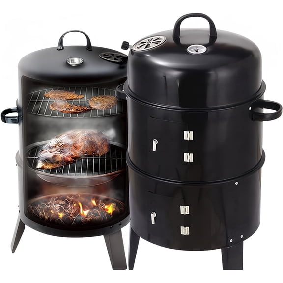 AuraLane 33.07" Vertical Steel Charcoal Grill,3-in-1 Double Layer Bbq Smoker for Parties,Camping,Backyard,Outdoor Cooking,Black