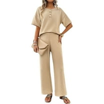 SWSMCLT Women's Summer 2 Piece Outfit 2 Piece Knit Spring Fall Lounge Set Short Sleeve Sweater Wide Leg Pant Suits Casual Cozy Apricot Large